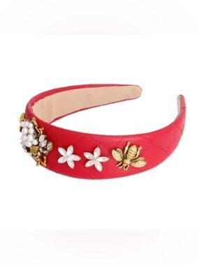 Embellished Red Quilted Headband with Floral and Bee Accents